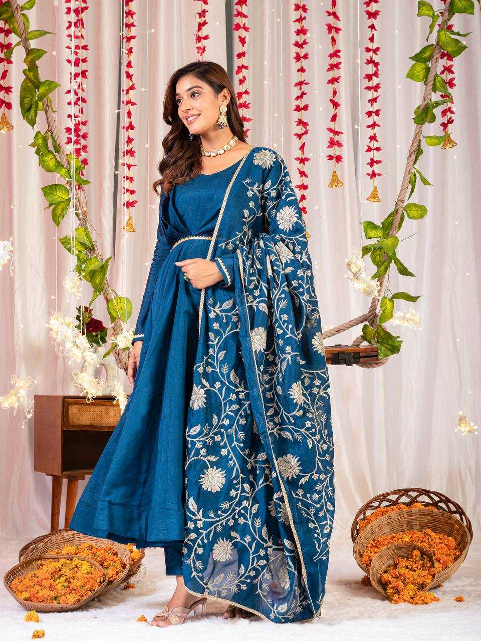 YNF VICHITRA SILK KESH144 1230 GOWNS WHOLESALE ANARKALI SILK FULL SLEEVE BLUE GOWNS MANUFACTURER- Kapda Export