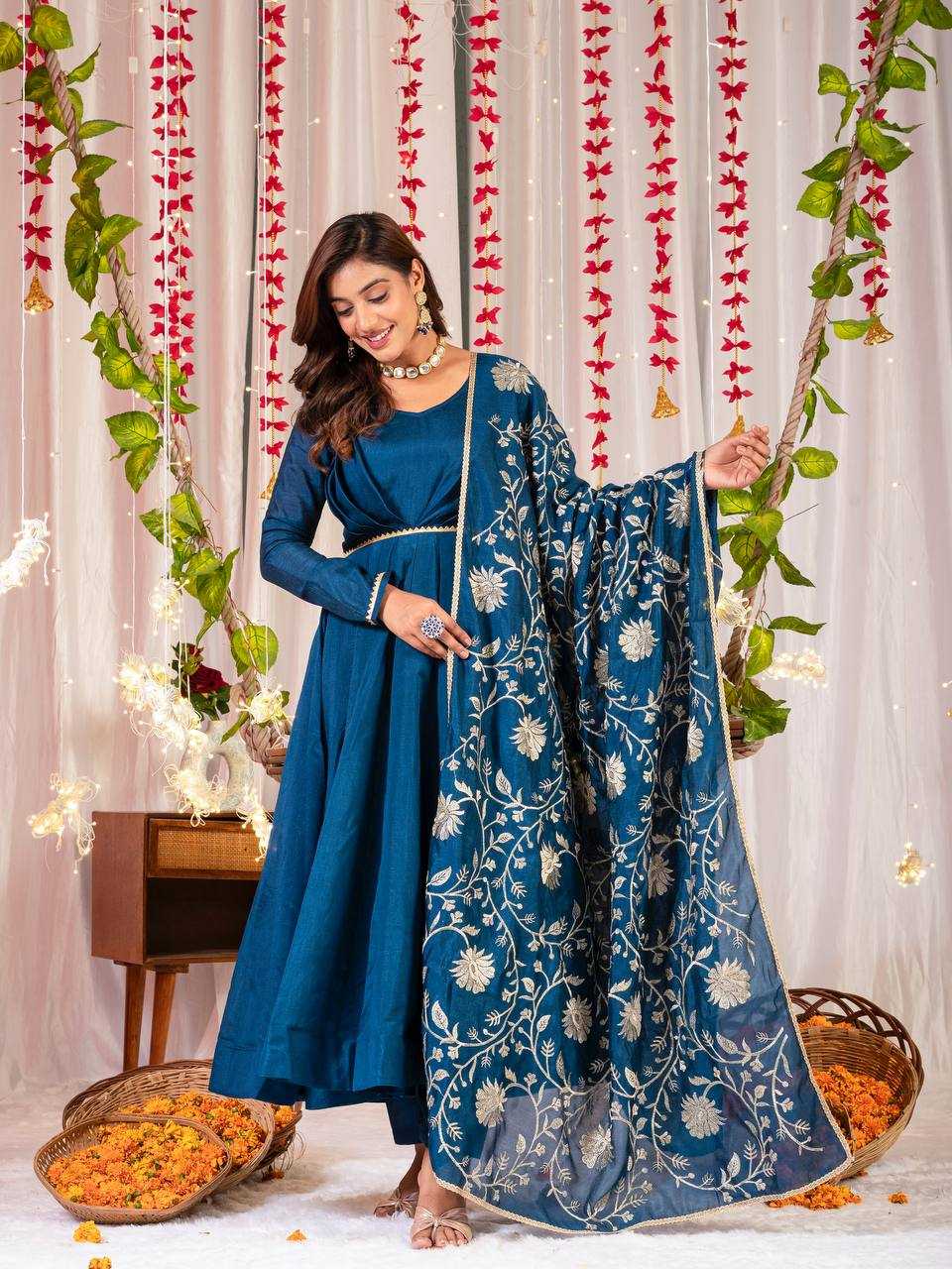 YNF VICHITRA SILK KESH144 1230 GOWNS WHOLESALE ANARKALI SILK FULL SLEEVE BLUE GOWNS MANUFACTURER- Kapda Export