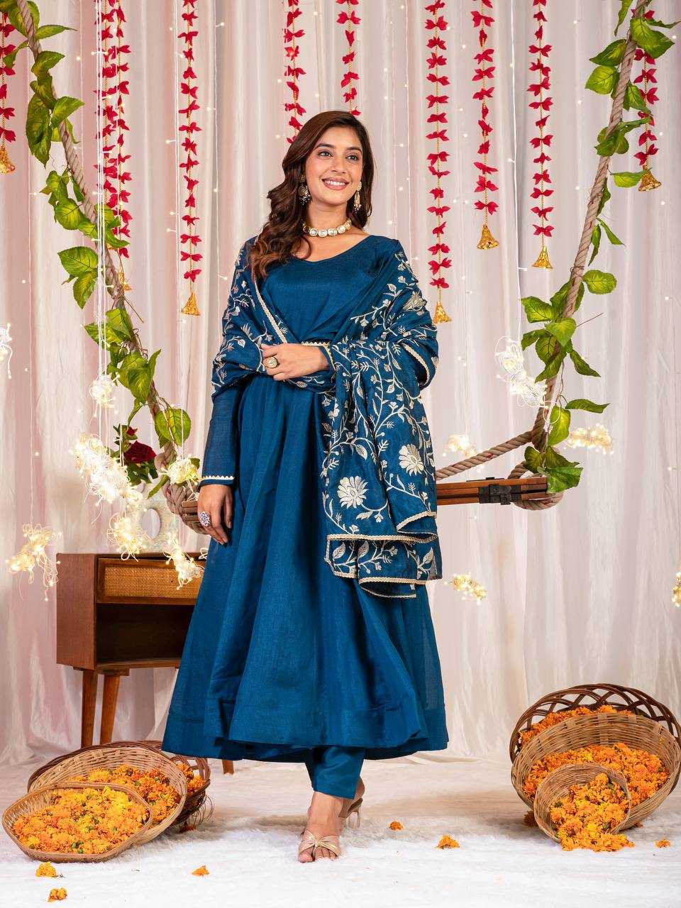 YNF VICHITRA SILK KESH144 1230 GOWNS WHOLESALE ANARKALI SILK FULL SLEEVE BLUE GOWNS MANUFACTURER- Kapda Export