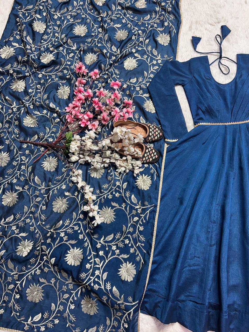 YNF VICHITRA SILK KESH144 1230 GOWNS WHOLESALE ANARKALI SILK FULL SLEEVE BLUE GOWNS MANUFACTURER- Kapda Export