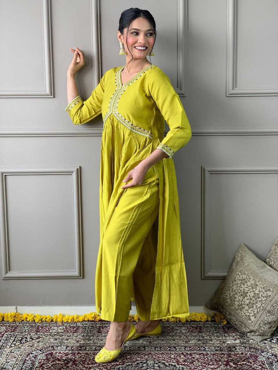 YNF VISCOSE CHANDERI KESH214 276 SUITS & DRESSES WHOLESALE ALIA CUT CHANDERI HALDI OUTFITS SUITS MANUFACTURE- Kapda Export