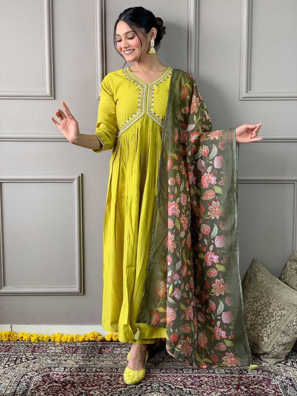 YNF VISCOSE CHANDERI KESH214 276 SUITS & DRESSES WHOLESALE ALIA CUT CHANDERI HALDI OUTFITS SUITS MANUFACTURE- Kapda Export