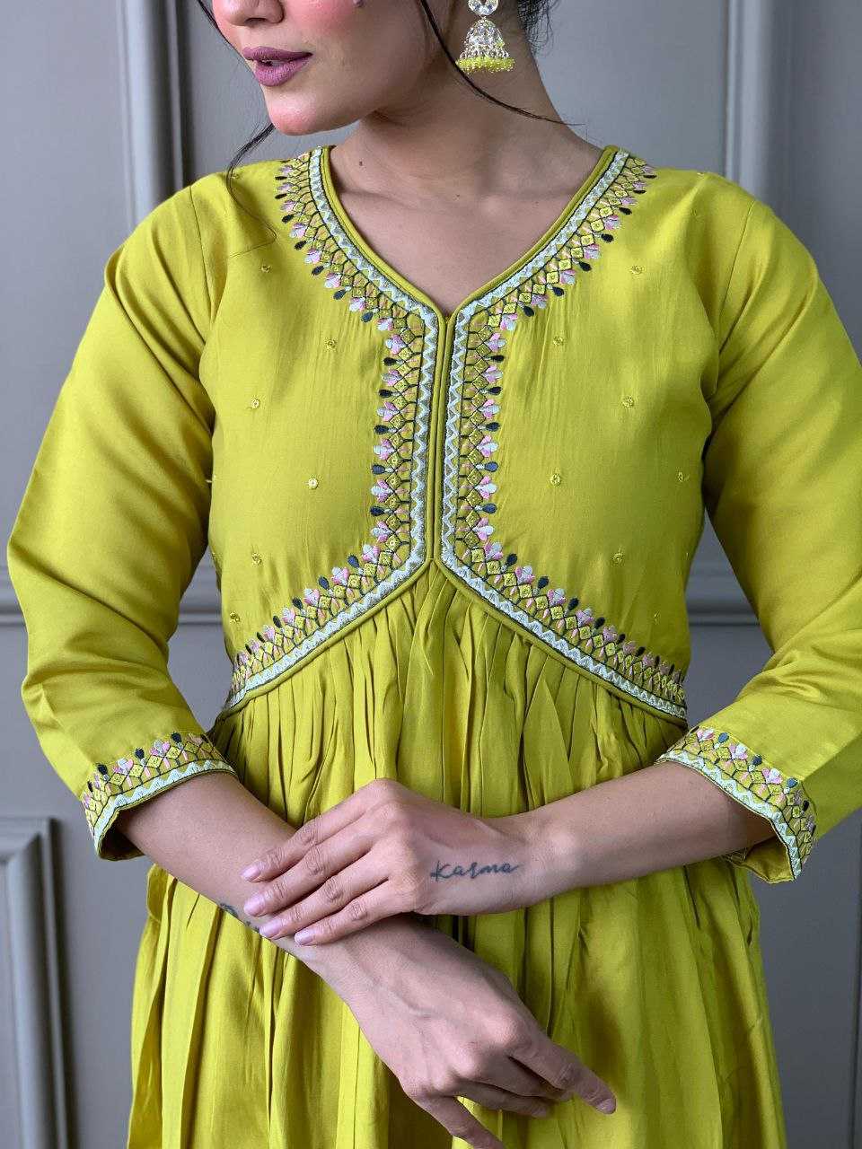 YNF VISCOSE CHANDERI KESH214 276 SUITS & DRESSES WHOLESALE ALIA CUT CHANDERI HALDI OUTFITS SUITS MANUFACTURE- Kapda Export