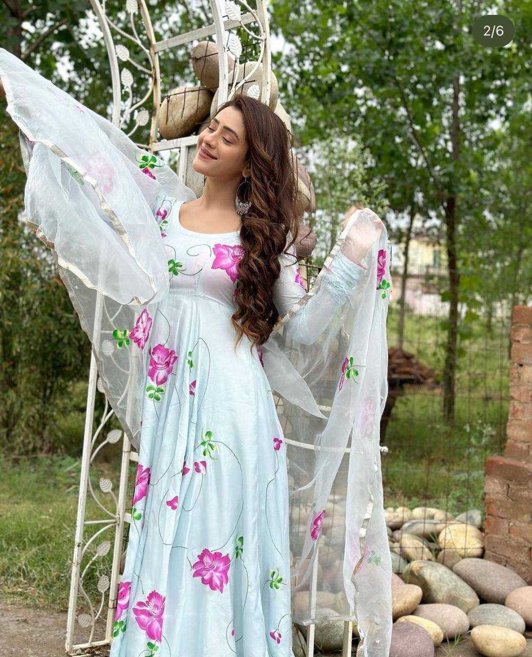 Ynf Georgette KESH413 1019 Gowns Wholesale Printed Gowns Georgette Gown Satin Gowns Manufacturer- Kapda Export