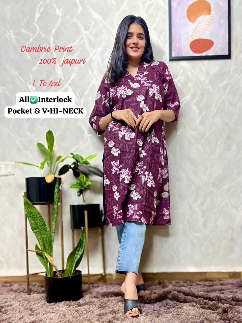 Ynf Cotton Cambric KESH418 Z 645 - 684 Kurti Wholesale Printed Kurtis V-Neck Kurtis Kurtis With Pockets Manufacturer- Kapda Export