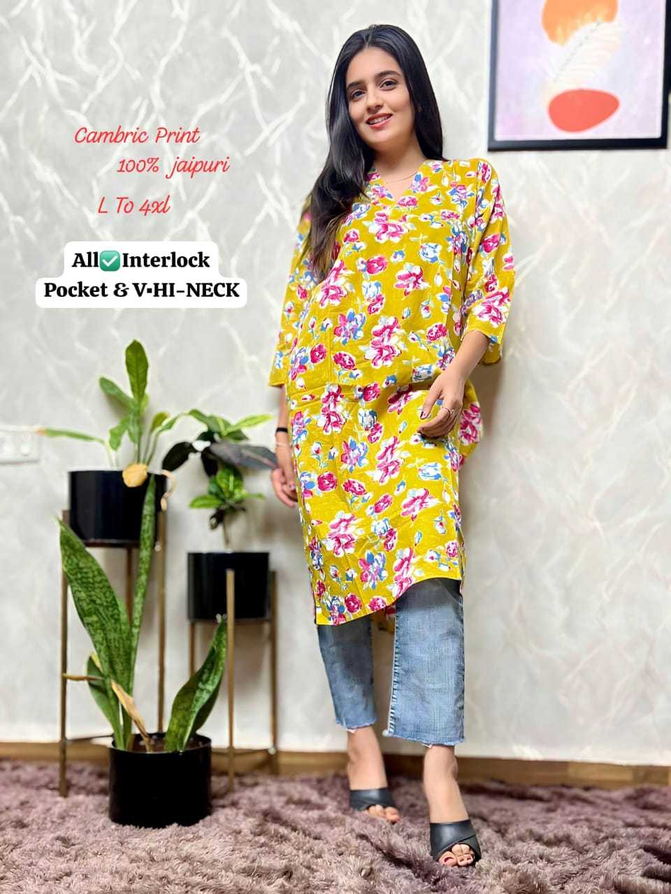 Ynf Cotton Cambric KESH418 Z 645 - 684 Kurti Wholesale Printed Kurtis V-Neck Kurtis Kurtis With Pockets Manufacturer- Kapda Export