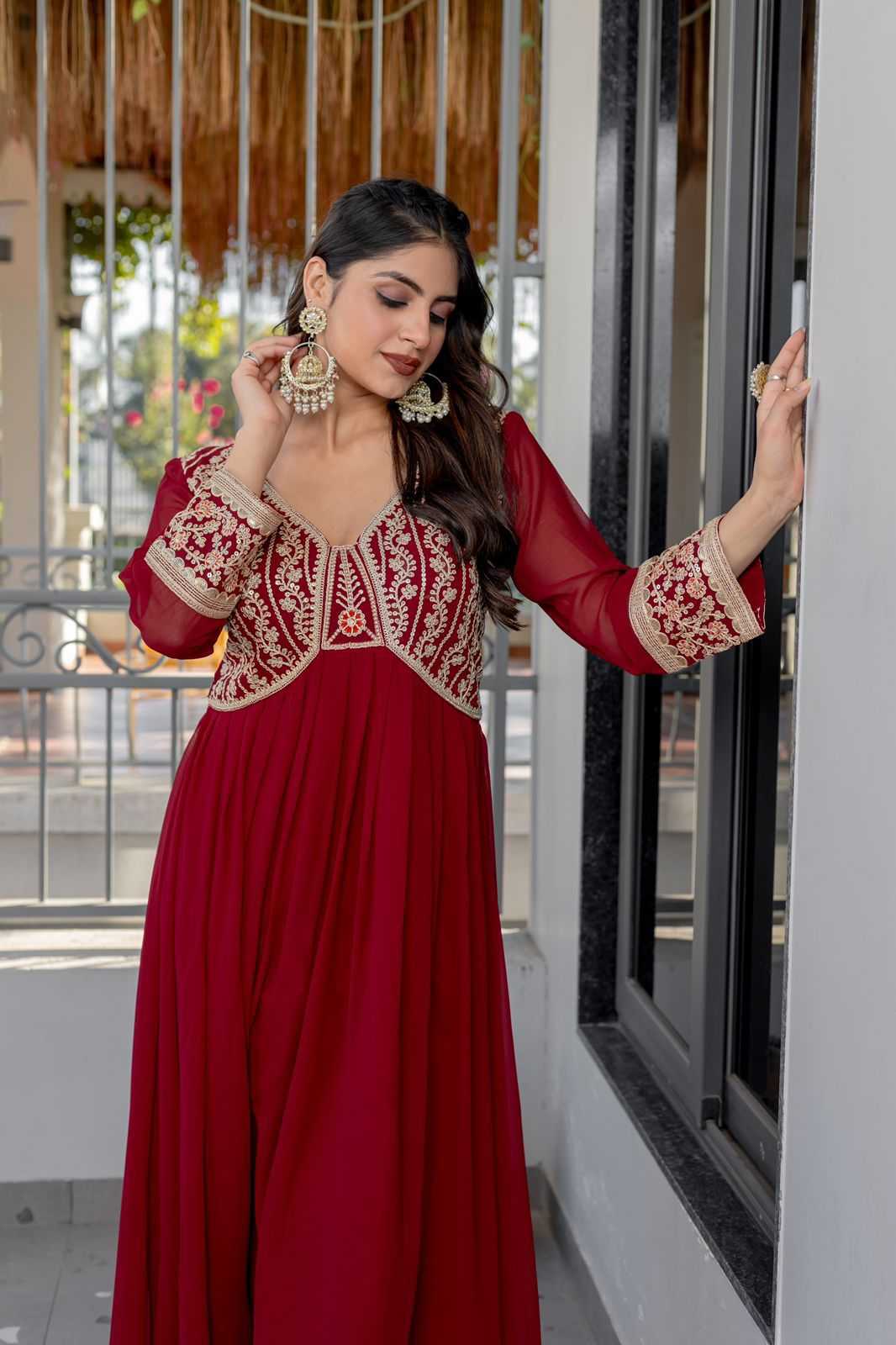 Ynf Faux Georgette KESH175 DVF 32 Gowns Wholesale Georgette Gown Sequin Gowns Maroon Gown Manufacturer- Kapda Export