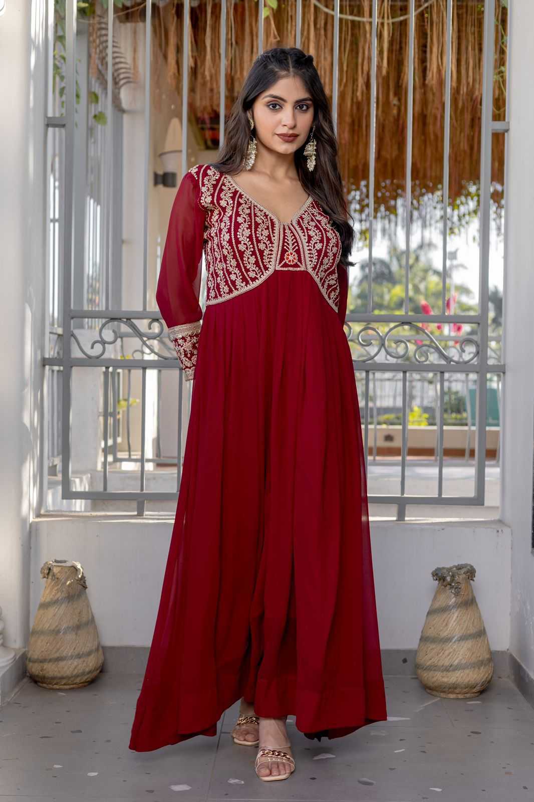 Ynf Faux Georgette KESH175 DVF 32 Gowns Wholesale Georgette Gown Sequin Gowns Maroon Gown Manufacturer- Kapda Export