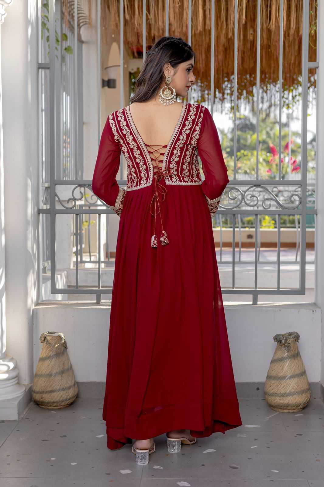 Ynf Faux Georgette KESH175 DVF 32 Gowns Wholesale Georgette Gown Sequin Gowns Maroon Gown Manufacturer- Kapda Export