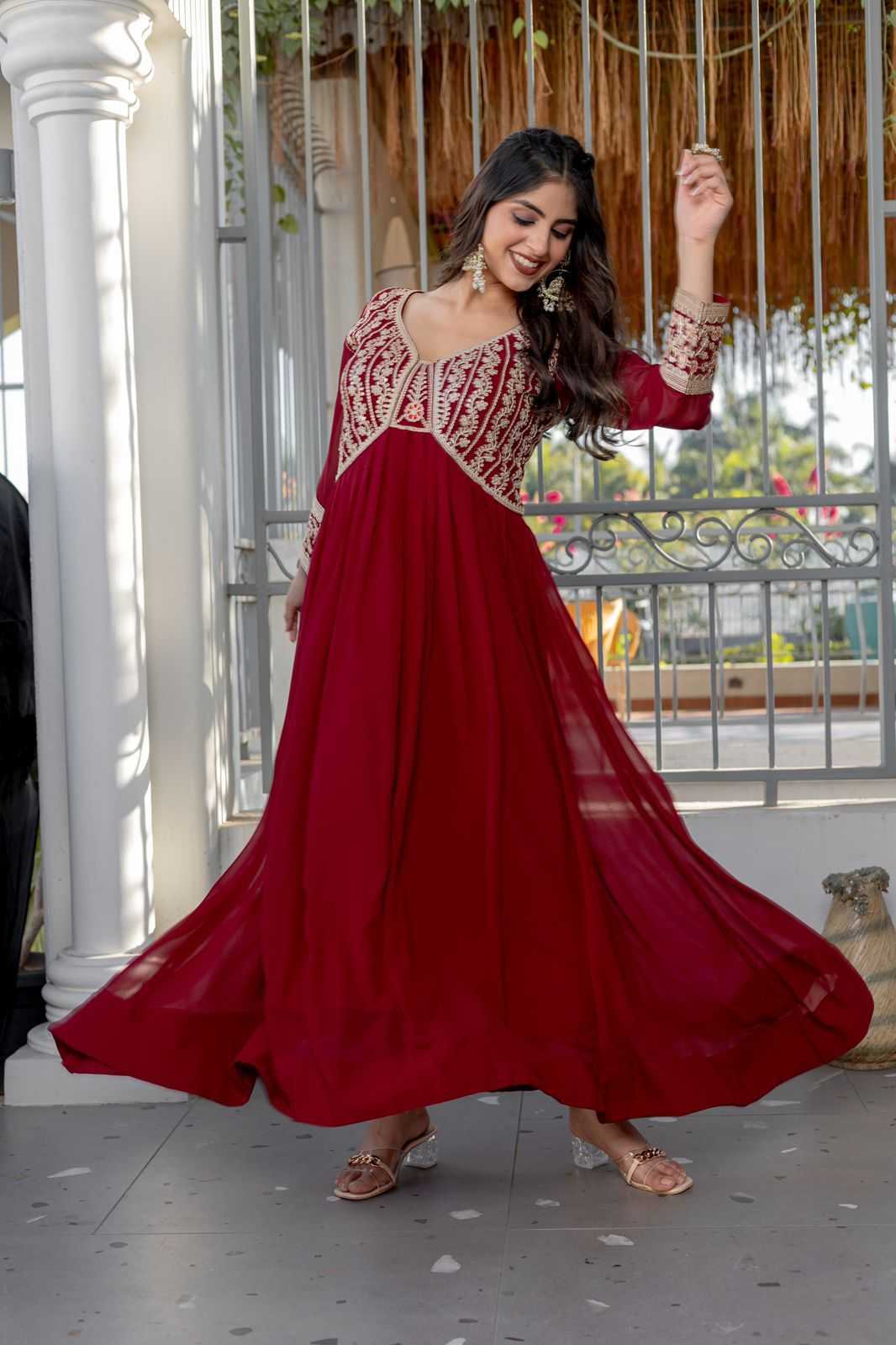 Ynf Faux Georgette KESH175 DVF 32 Gowns Wholesale Georgette Gown Sequin Gowns Maroon Gown Manufacturer- Kapda Export