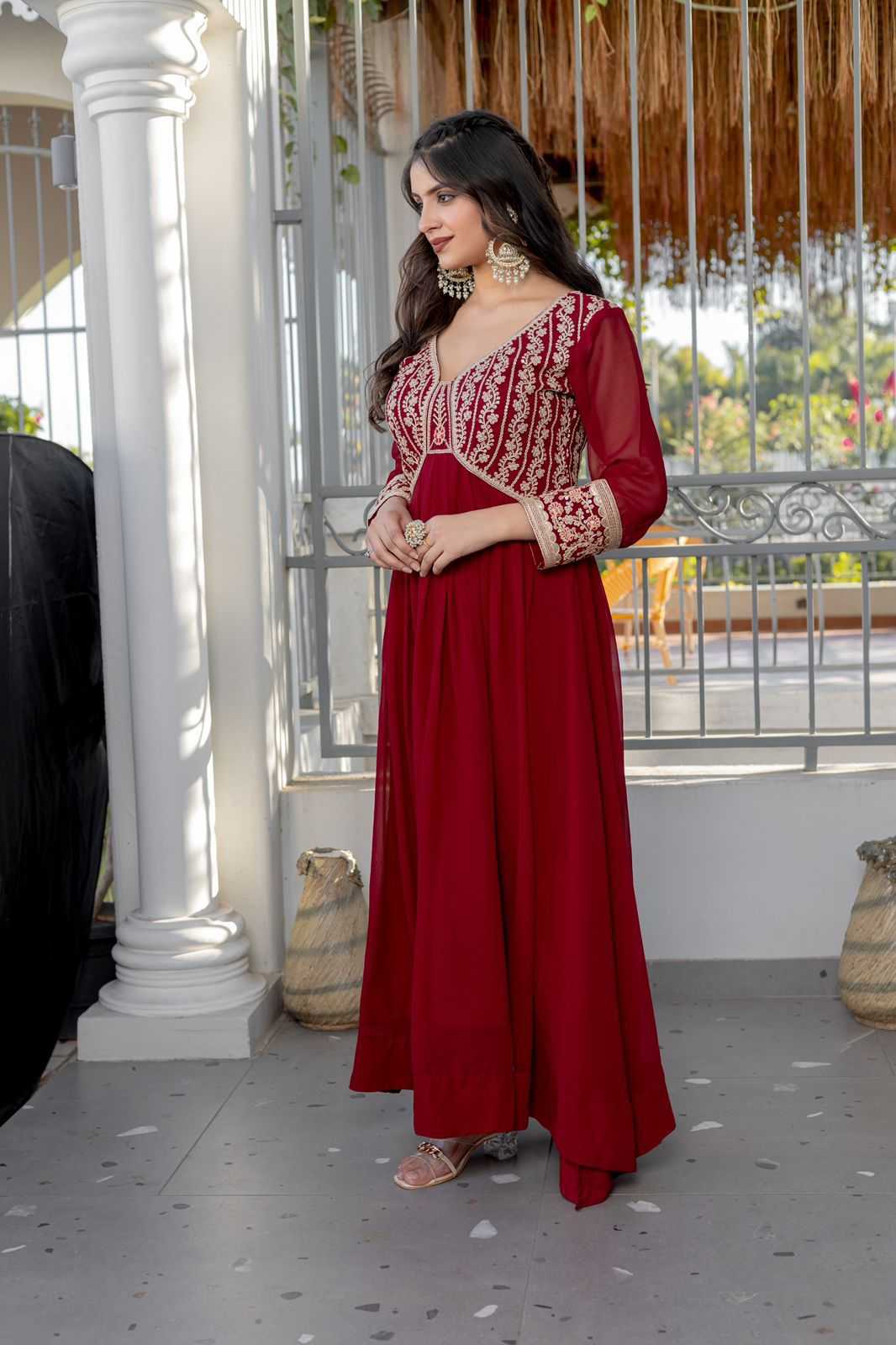 Ynf Faux Georgette KESH175 DVF 32 Gowns Wholesale Georgette Gown Sequin Gowns Maroon Gown Manufacturer- Kapda Export