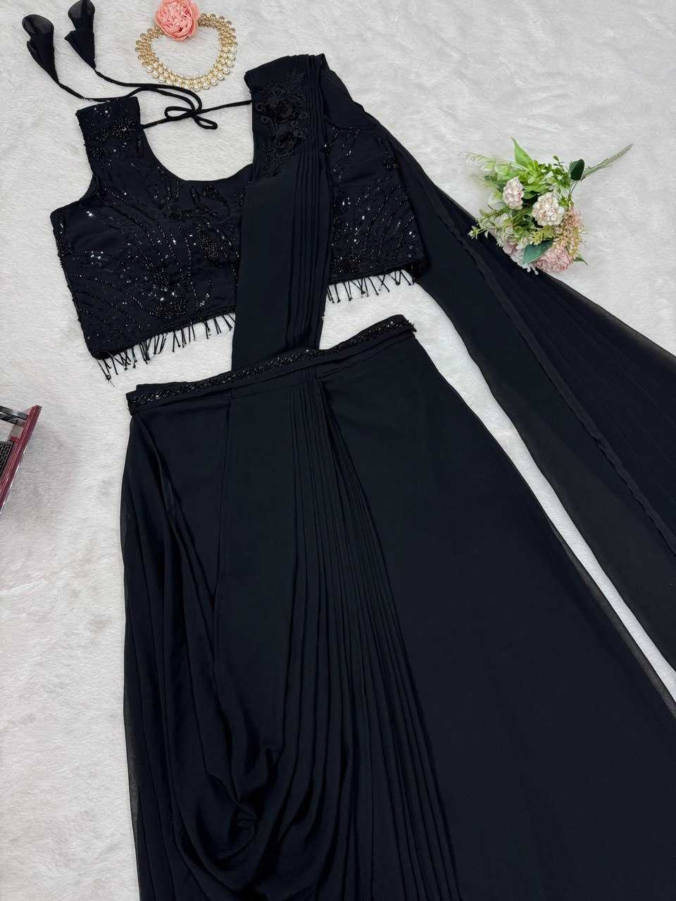 Ynf Faux Georgette RIN169 6484 Sarees Diwali Collections Wedding Collections Wholesale Georgette Sarees Lace Border Sarees Saree with Belt Manufacturer- Kapda Export