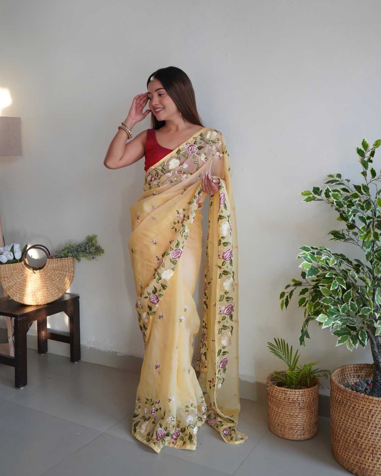 Ynf Organza Silk RIN185 Gold Tebi silk Silk Sarees Wholesale Raw Silk Sarees Fancy Silk Sarees Embroidered Silk Sarees Manufacturer- Kapda Export