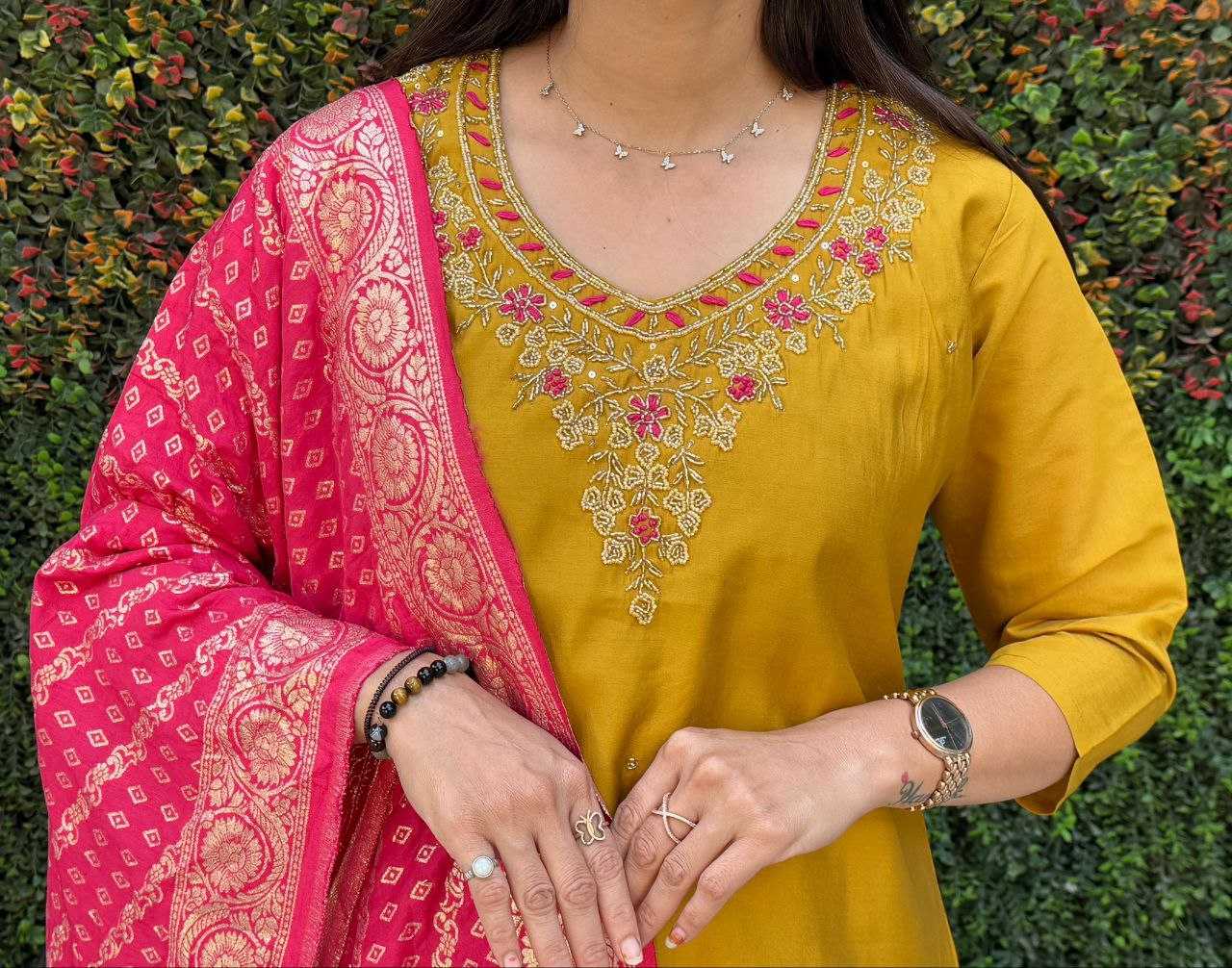 Ynf Premium Roman Silk RIN137 364 Suits & Dresses Wholesale Ladies Silk Suit Yellow Salwar Suit Handwork Suits Manufacturer- Kapda Export