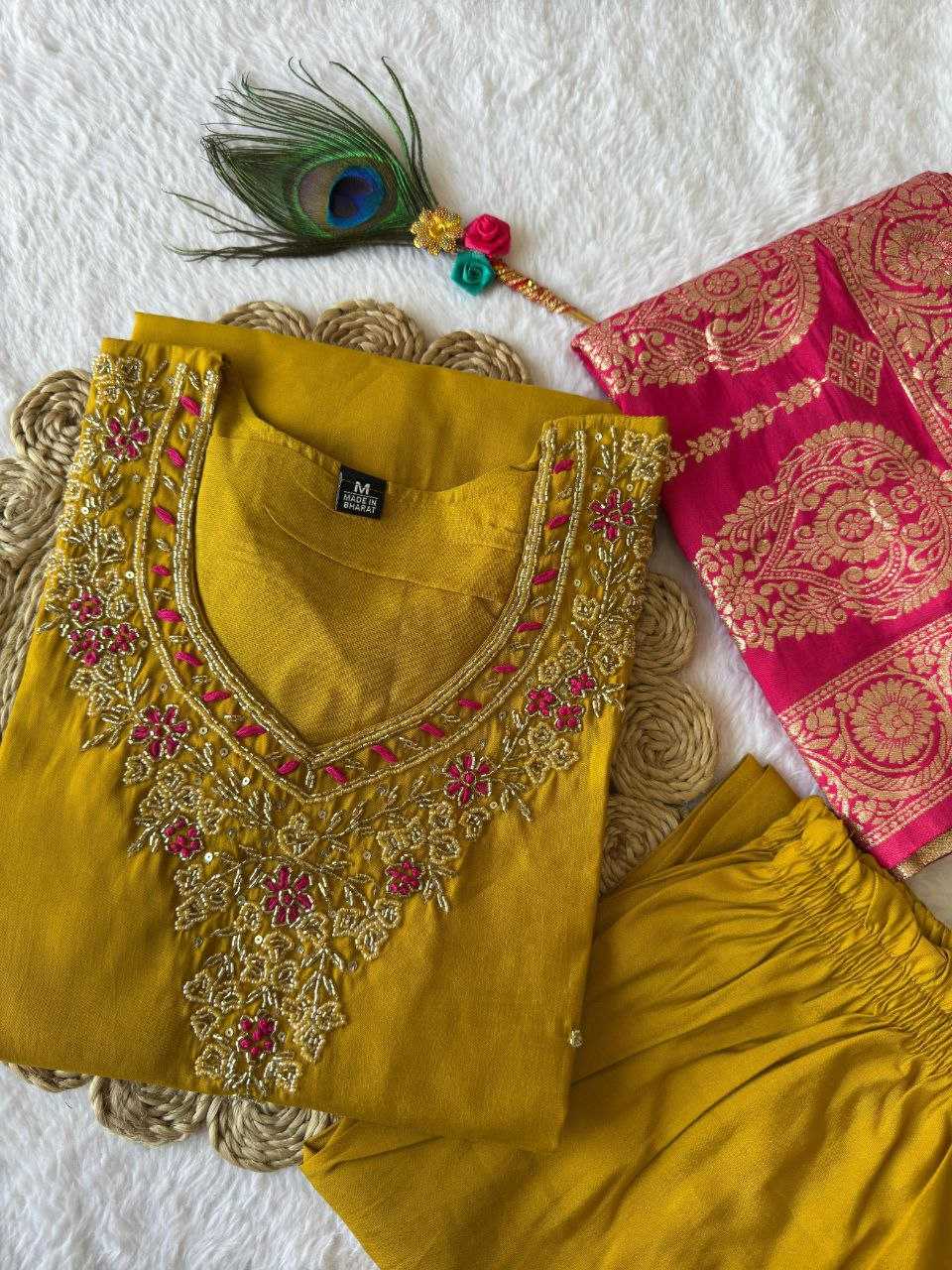 Ynf Premium Roman Silk RIN137 364 Suits & Dresses Wholesale Ladies Silk Suit Yellow Salwar Suit Handwork Suits Manufacturer- Kapda Export