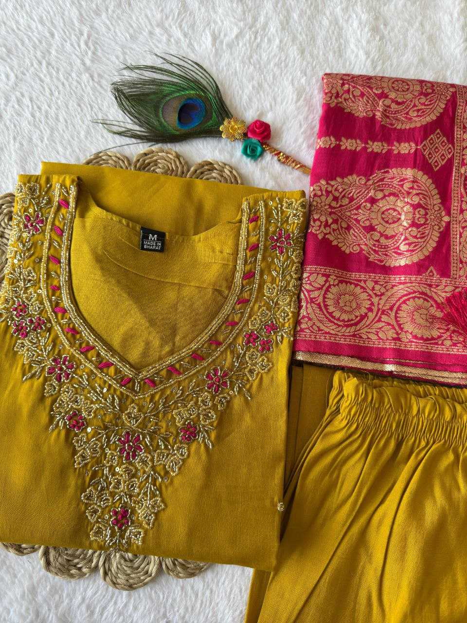 Ynf Premium Roman Silk RIN137 364 Suits & Dresses Wholesale Ladies Silk Suit Yellow Salwar Suit Handwork Suits Manufacturer- Kapda Export