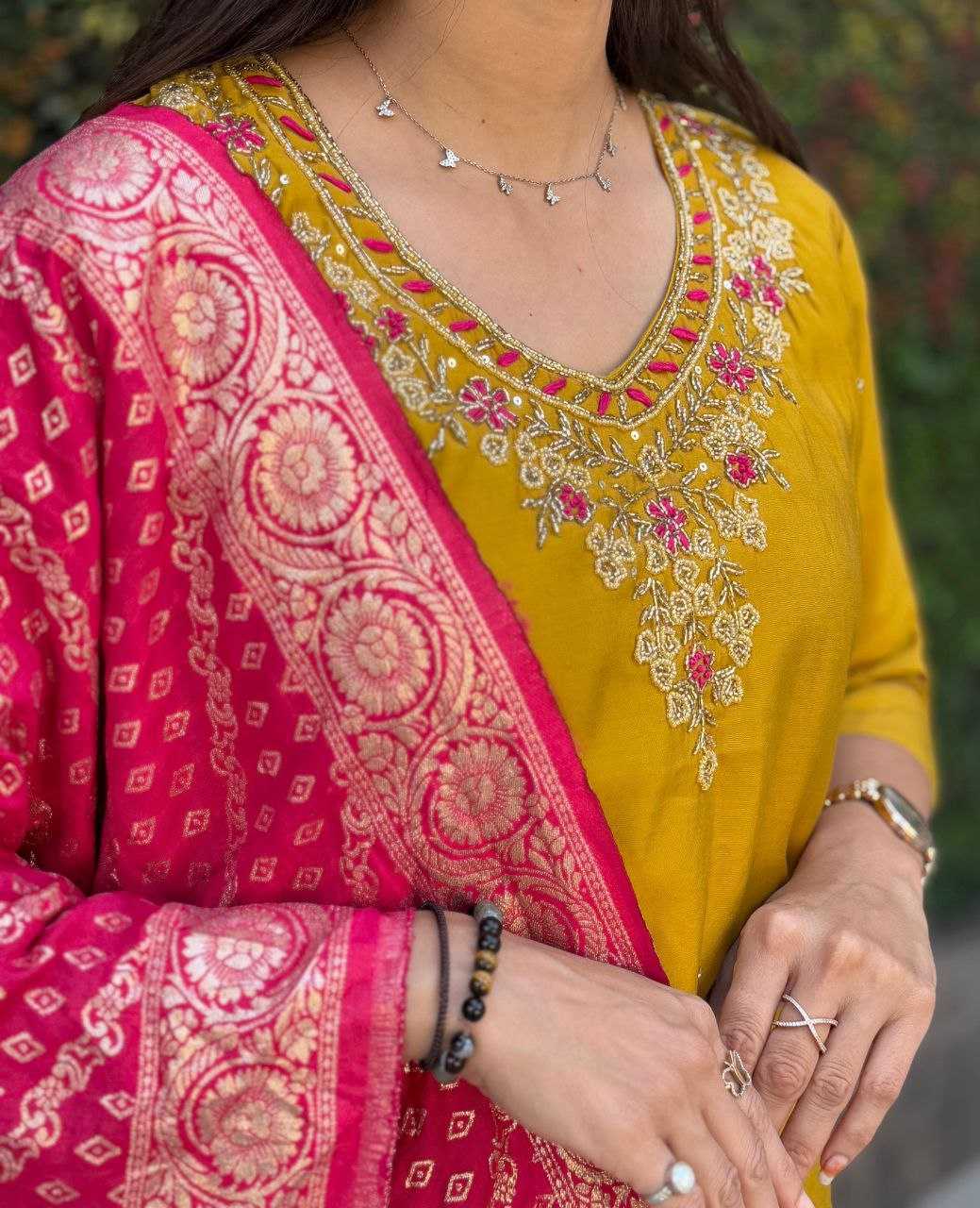 Ynf Premium Roman Silk RIN137 364 Suits & Dresses Wholesale Ladies Silk Suit Yellow Salwar Suit Handwork Suits Manufacturer- Kapda Export