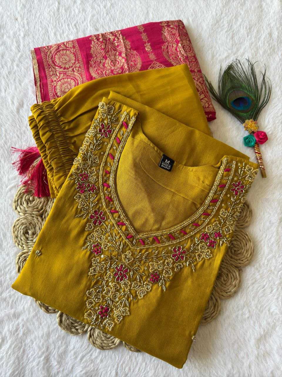 Ynf Premium Roman Silk RIN137 364 Suits & Dresses Wholesale Ladies Silk Suit Yellow Salwar Suit Handwork Suits Manufacturer- Kapda Export