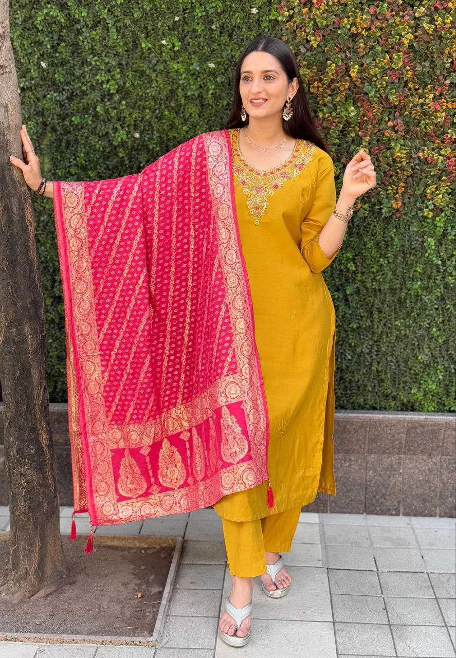 Ynf Premium Roman Silk RIN137 364 Suits & Dresses Wholesale Ladies Silk Suit Yellow Salwar Suit Handwork Suits Manufacturer- Kapda Export