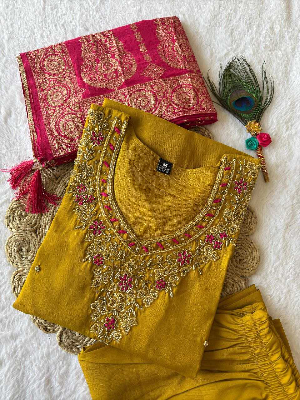 Ynf Premium Roman Silk RIN137 364 Suits & Dresses Wholesale Ladies Silk Suit Yellow Salwar Suit Handwork Suits Manufacturer- Kapda Export