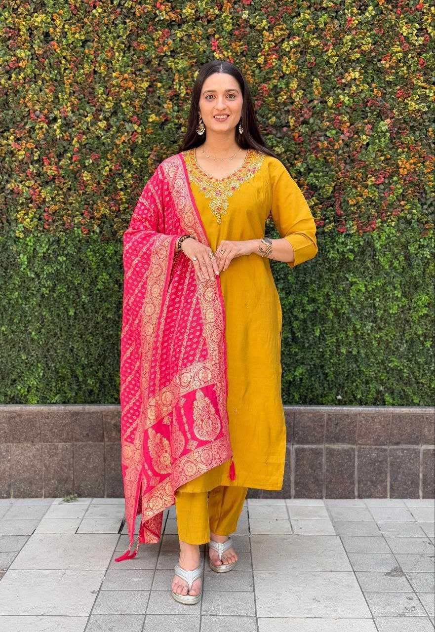 Ynf Premium Roman Silk RIN137 364 Suits & Dresses Wholesale Ladies Silk Suit Yellow Salwar Suit Handwork Suits Manufacturer- Kapda Export