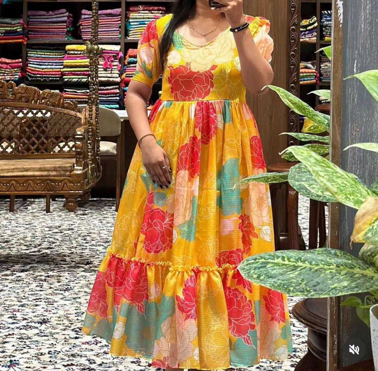 Ynf Kota Chex RIN218 1031 Yellow Midi Dress Kurti Western Wears Wholesale One Piece Dress Ruffle Kurtis Party Wear Gown Style Kurtis Manufacturer- Kapda Export