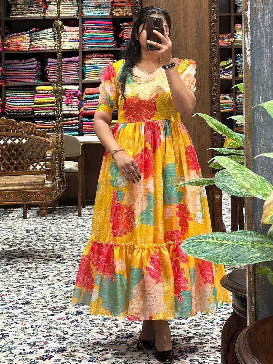 Ynf Kota Chex RIN218 1031 Yellow Midi Dress Kurti Western Wears Wholesale One Piece Dress Ruffle Kurtis Party Wear Gown Style Kurtis Manufacturer- Kapda Export