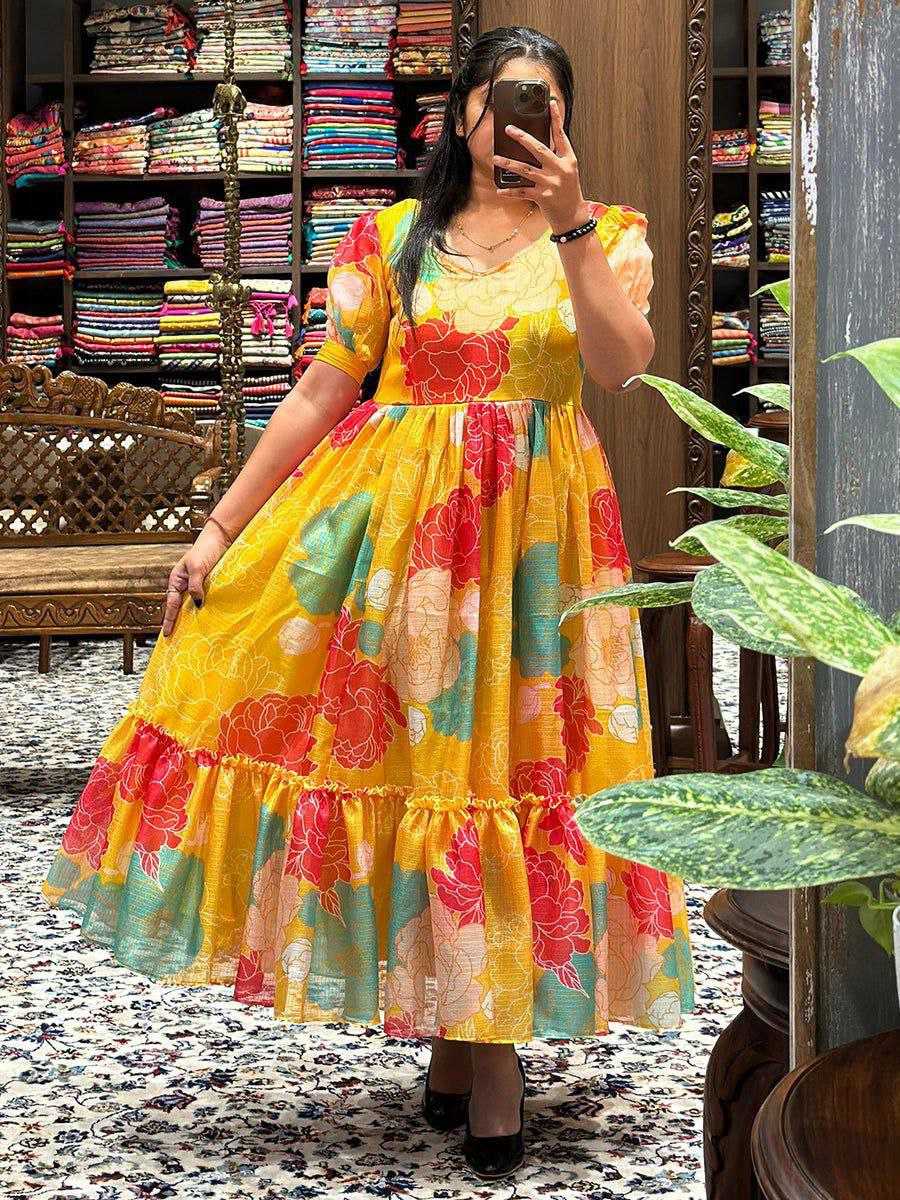 Ynf Kota Chex RIN218 1031 Yellow Midi Dress Kurti Western Wears Wholesale One Piece Dress Ruffle Kurtis Party Wear Gown Style Kurtis Manufacturer- Kapda Export