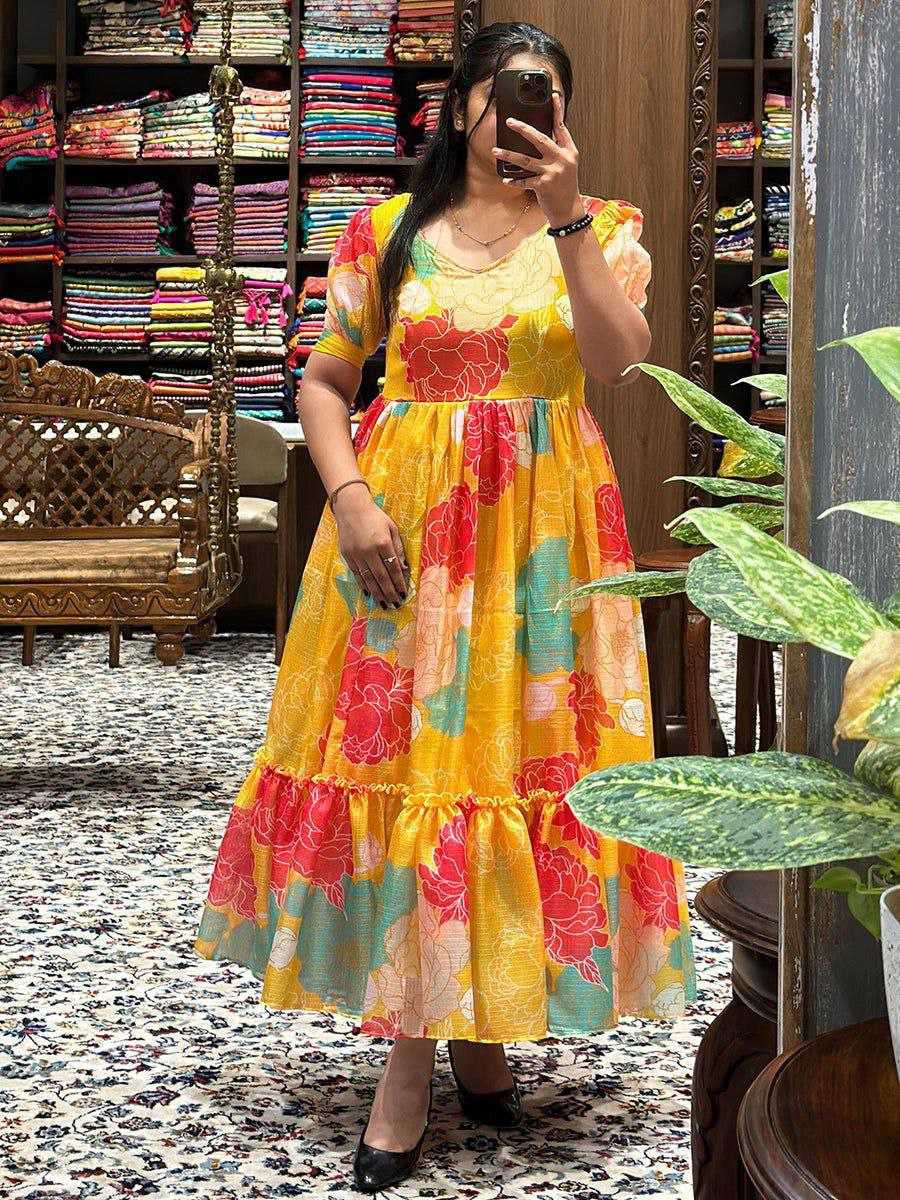 Ynf Kota Chex RIN218 1031 Yellow Midi Dress Kurti Western Wears Wholesale One Piece Dress Ruffle Kurtis Party Wear Gown Style Kurtis Manufacturer- Kapda Export