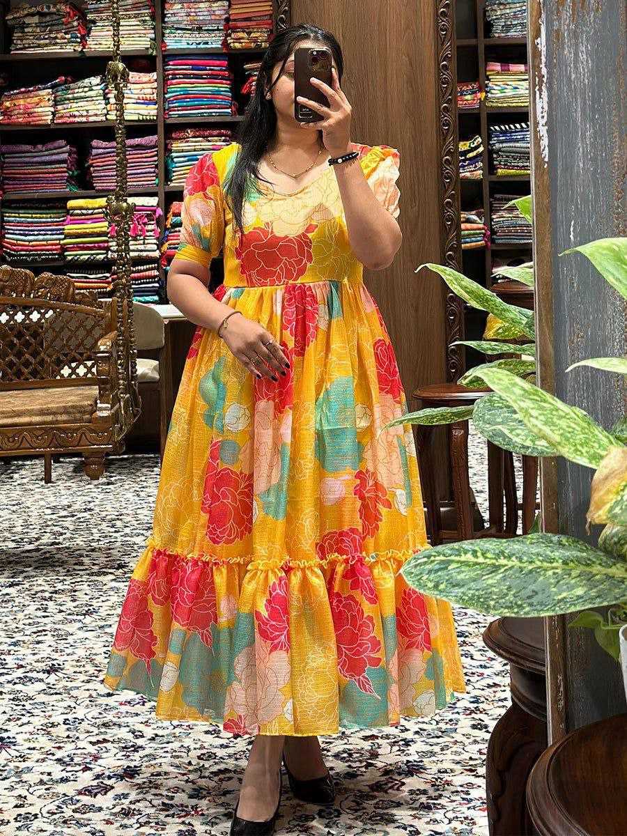 Ynf Kota Chex RIN218 1031 Yellow Midi Dress Kurti Western Wears Wholesale One Piece Dress Ruffle Kurtis Party Wear Gown Style Kurtis Manufacturer- Kapda Export