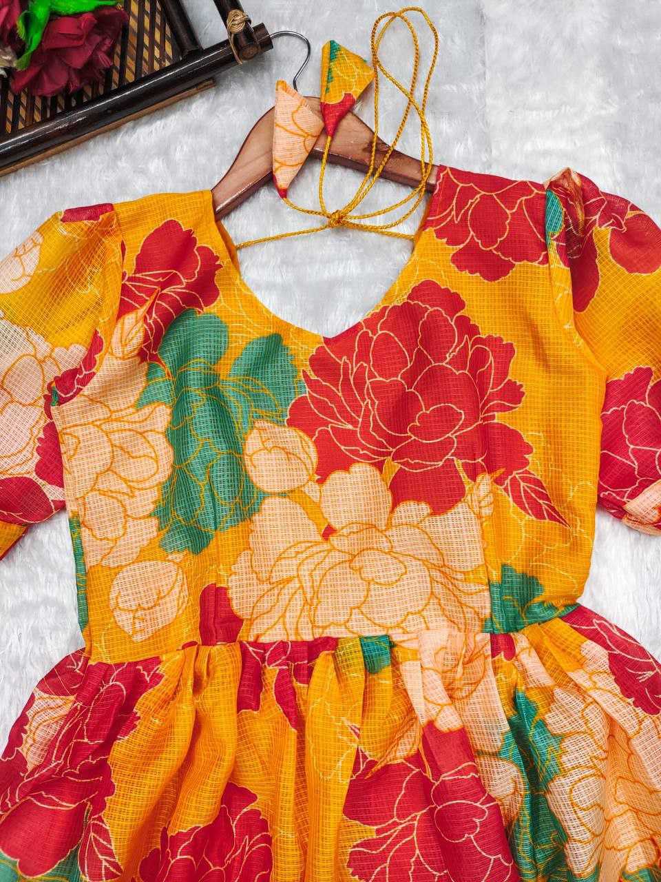 Ynf Kota Chex RIN218 1031 Yellow Midi Dress Kurti Western Wears Wholesale One Piece Dress Ruffle Kurtis Party Wear Gown Style Kurtis Manufacturer- Kapda Export