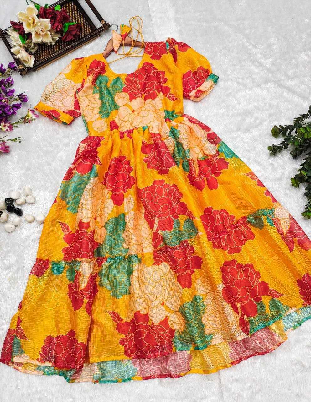 Ynf Kota Chex RIN218 1031 Yellow Midi Dress Kurti Western Wears Wholesale One Piece Dress Ruffle Kurtis Party Wear Gown Style Kurtis Manufacturer- Kapda Export