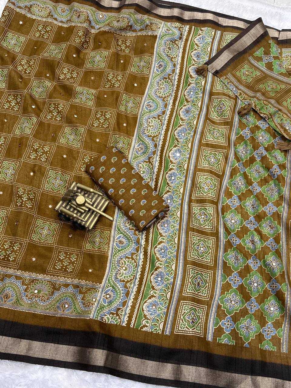 Ynf Linen RIN145 AJRAKH Sarees Silk Sarees Festive Collections Wholesale Ajrakh Sarees Hand Block Printed Silk Saree Holi Collections Manufacturer- Kapda Export