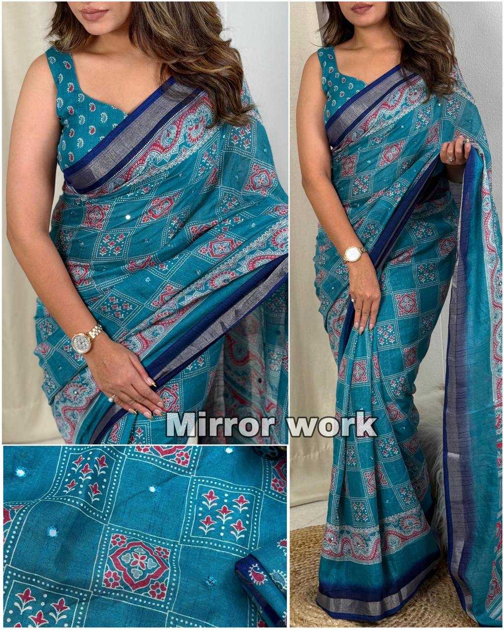Ynf Linen RIN145 AJRAKH Sarees Silk Sarees Festive Collections Wholesale Ajrakh Sarees Hand Block Printed Silk Saree Holi Collections Manufacturer- Kapda Export