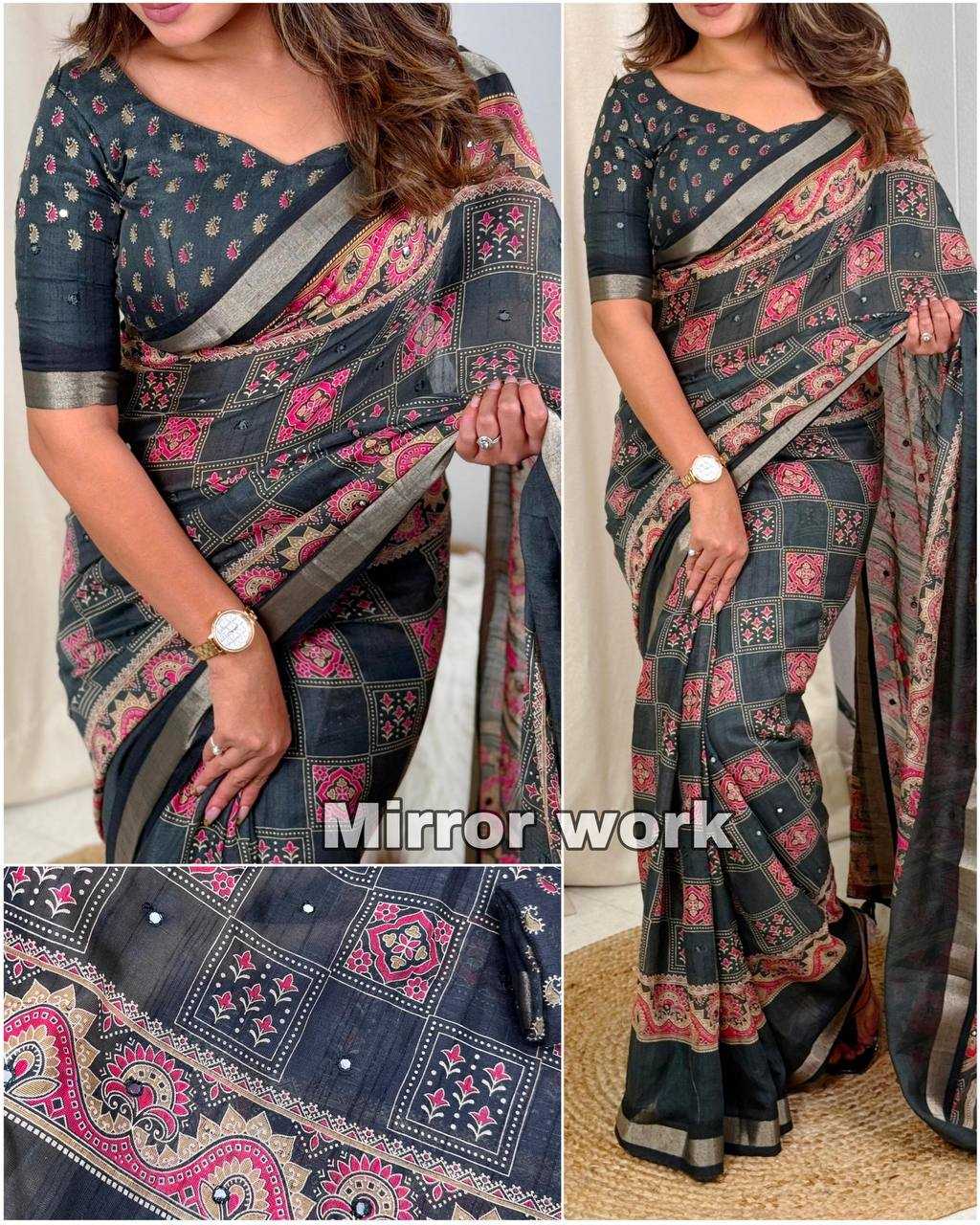 Ynf Linen RIN145 AJRAKH Sarees Silk Sarees Festive Collections Wholesale Ajrakh Sarees Hand Block Printed Silk Saree Holi Collections Manufacturer- Kapda Export