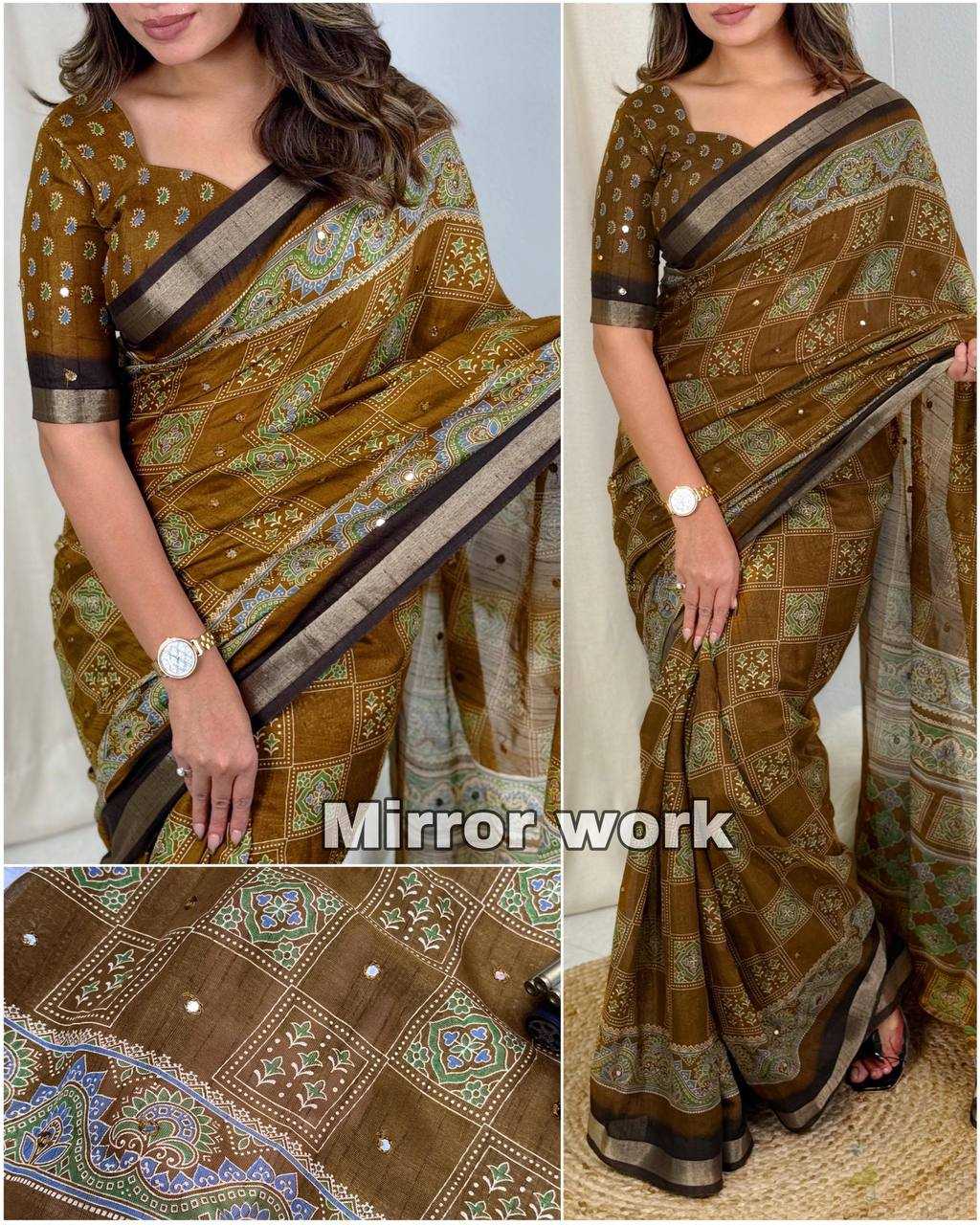 Ynf Linen RIN145 AJRAKH Sarees Silk Sarees Festive Collections Wholesale Ajrakh Sarees Hand Block Printed Silk Saree Holi Collections Manufacturer- Kapda Export