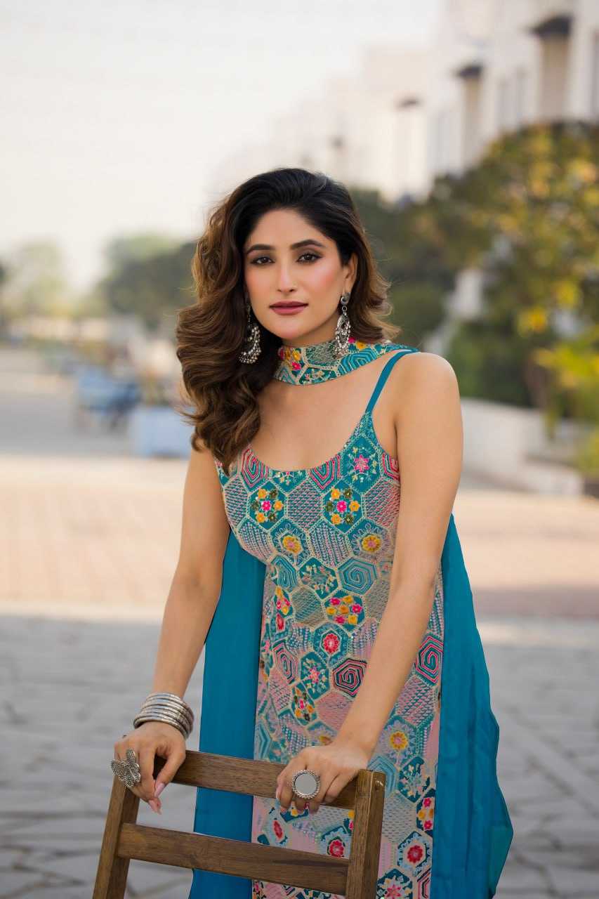 Ynf Chinon Silk RIN129 005 Suits & Dresses Wholesale Ladies Suits Embroidery Suits Palazzo Suit Sleeveless Dresses Manufacturer- Kapda Export