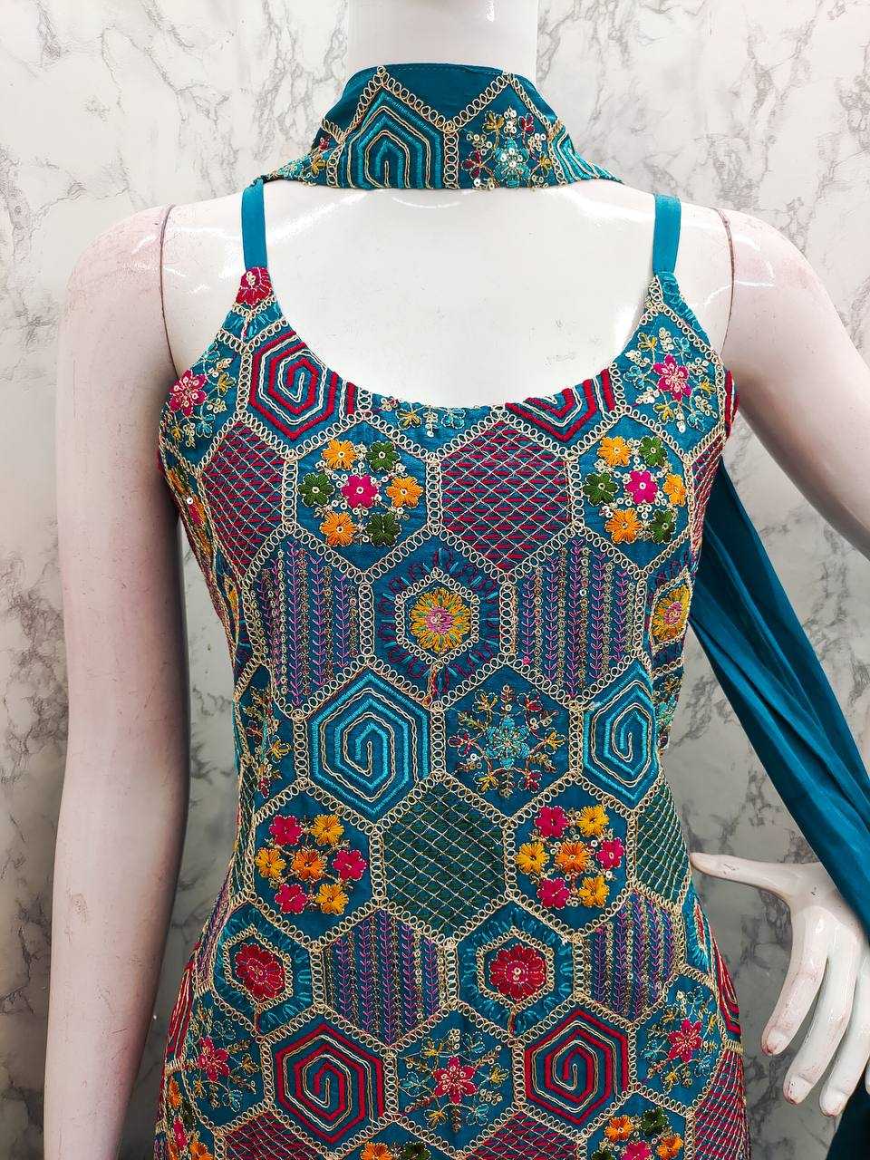 Ynf Chinon Silk RIN129 005 Suits & Dresses Wholesale Ladies Suits Embroidery Suits Palazzo Suit Sleeveless Dresses Manufacturer- Kapda Export