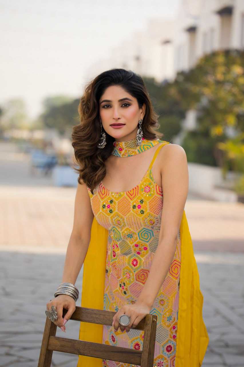 Ynf Chinon Silk RIN129 005 Suits & Dresses Wholesale Ladies Suits Embroidery Suits Palazzo Suit Sleeveless Dresses Manufacturer- Kapda Export