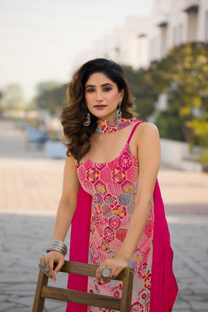 Ynf Chinon Silk RIN129 005 Suits & Dresses Wholesale Ladies Suits Embroidery Suits Palazzo Suit Sleeveless Dresses Manufacturer- Kapda Export