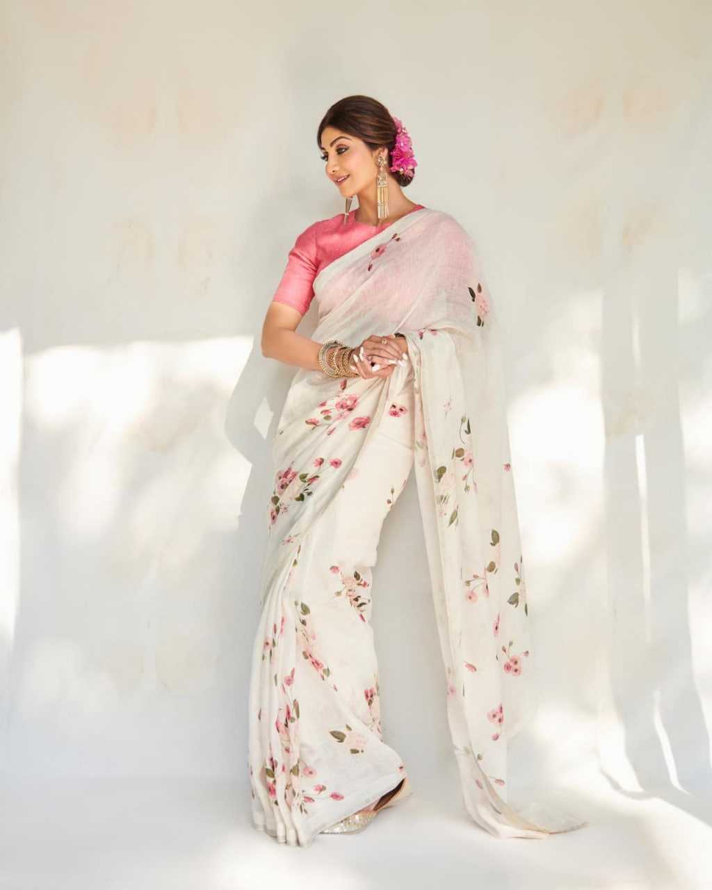 Ynf Linen RIN218 Blush Blossom Sarees Bollywood Collections Wholesale Fancy Sarees Printed Sarees Ladies Sarees Shilpa Shetty Sarees Manufacturer- Kapda Export
