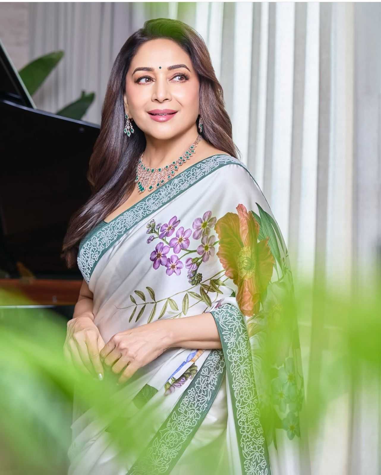 Ynf Satin RIN188 Madhuri Digital Sarees Sarees Bollywood Collections Wholesale Fancy Sarees Floral Sarees Madhuri Dixit Sarees Satin Sarees Manufacturer- Kapda Export