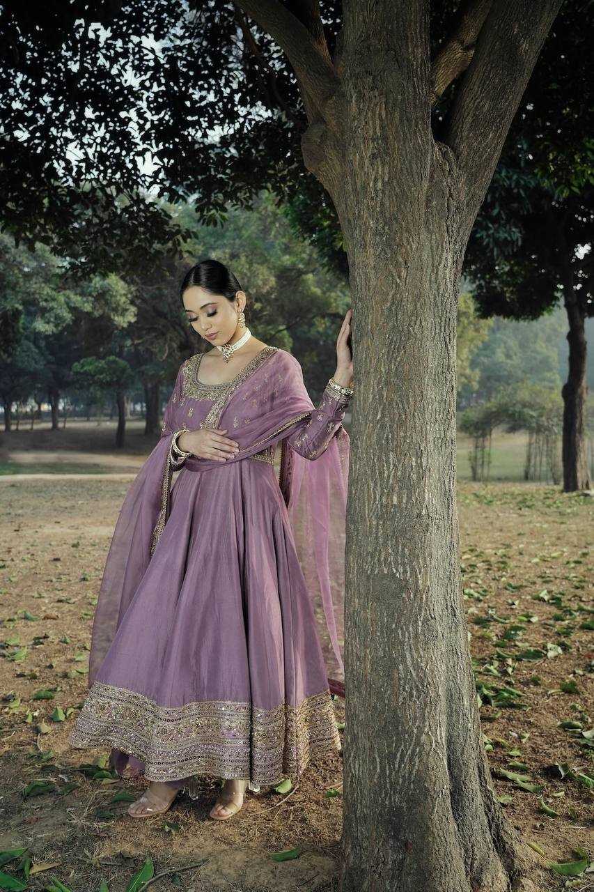 Ynf Chinon Silk KESH490 634 Gowns Wholesale Embroidery Gowns Designer Gowns Silk Gowns Purple Gown Manufacturer- Kapda Export