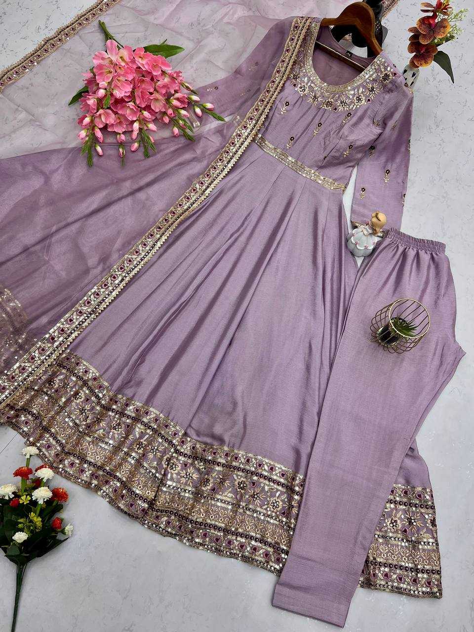 Ynf Chinon Silk KESH490 634 Gowns Wholesale Embroidery Gowns Designer Gowns Silk Gowns Purple Gown Manufacturer- Kapda Export