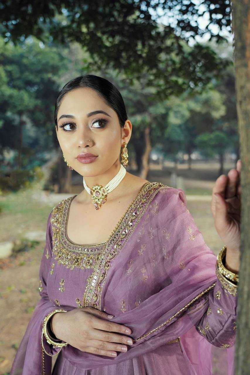 Ynf Chinon Silk KESH490 634 Gowns Wholesale Embroidery Gowns Designer Gowns Silk Gowns Purple Gown Manufacturer- Kapda Export