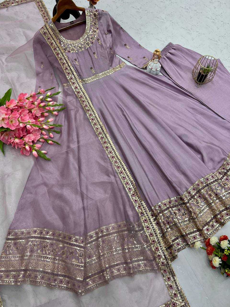 Ynf Chinon Silk KESH490 634 Gowns Wholesale Embroidery Gowns Designer Gowns Silk Gowns Purple Gown Manufacturer- Kapda Export