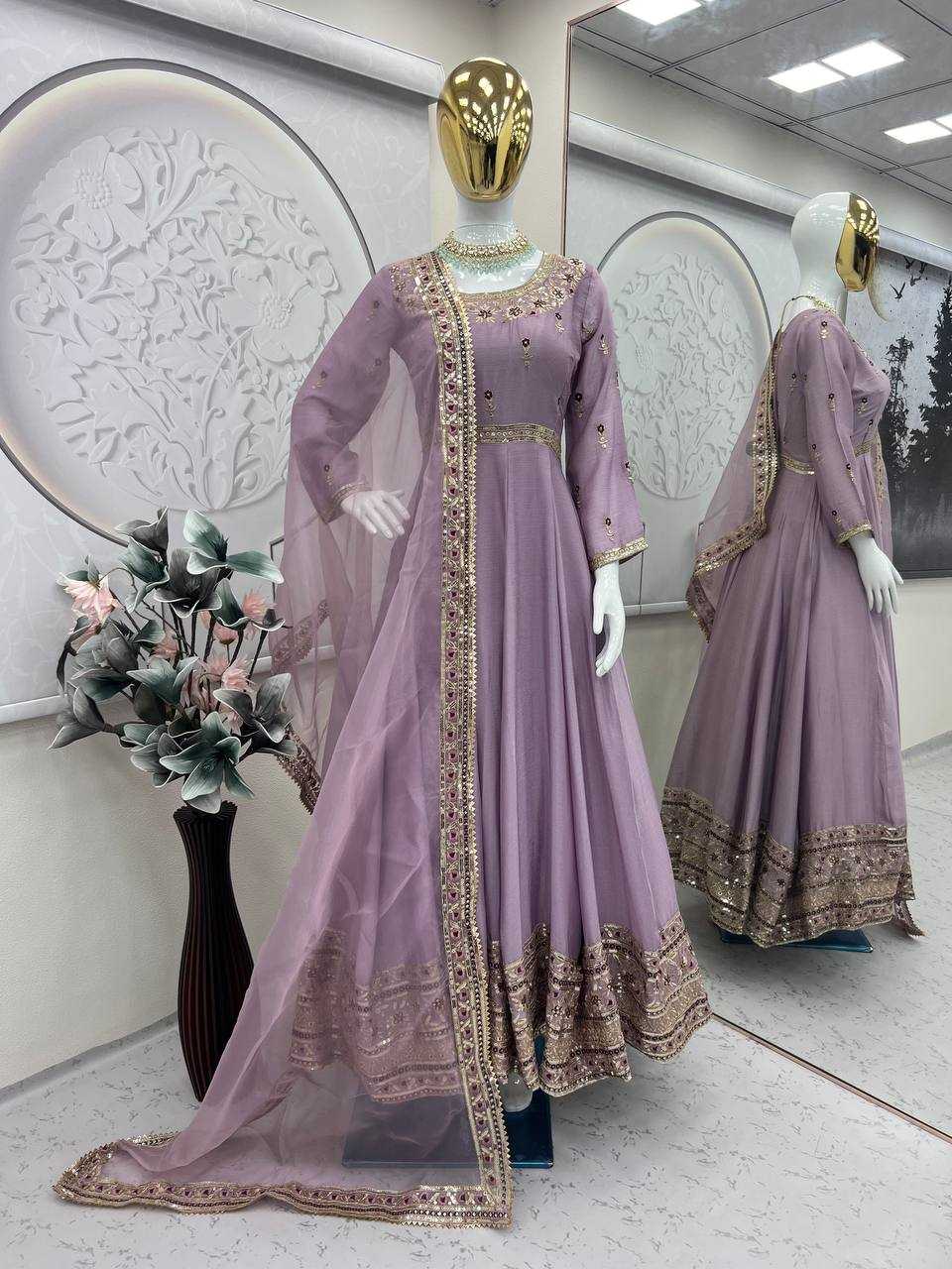 Ynf Chinon Silk KESH490 634 Gowns Wholesale Embroidery Gowns Designer Gowns Silk Gowns Purple Gown Manufacturer- Kapda Export