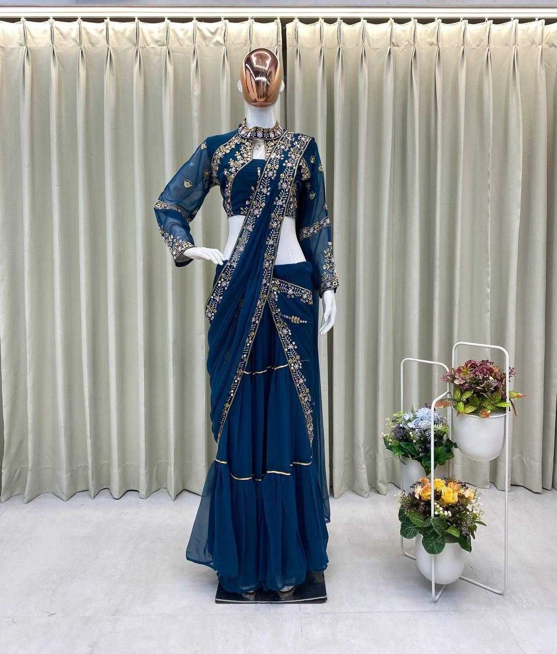 Ynf Faux Georgette RIN134 RUFFLE Sarees Wedding Collections Festive Collections Wholesale Georgette Sarees Embroidered Sarees Ruffle Sarees Manufacturer- Kapda Export