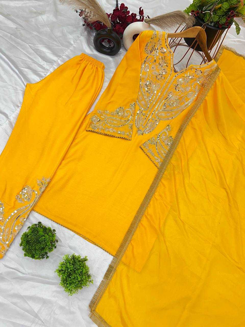Ynf Chinon Silk KESH499 3097 Suits & Dresses Wholesale Ladies Suits Party wear suits Yellow Salwar Suit Manufacturer- Kapda Export