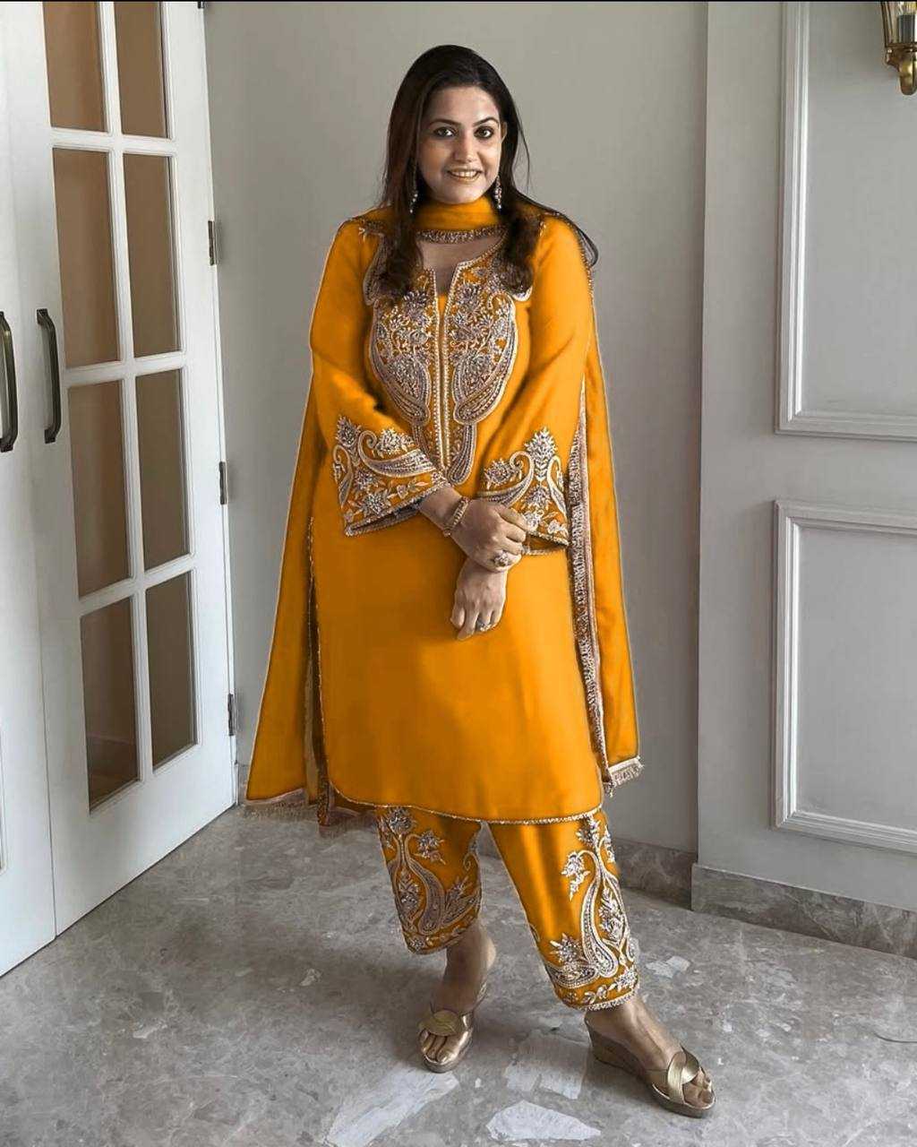 Ynf Chinon Silk KESH499 3097 Suits & Dresses Wholesale Ladies Suits Party wear suits Yellow Salwar Suit Manufacturer- Kapda Export